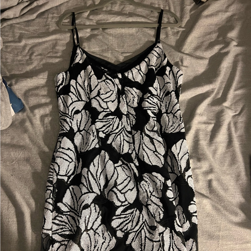 Whitehouse Black Market floral black and white sequin party dress